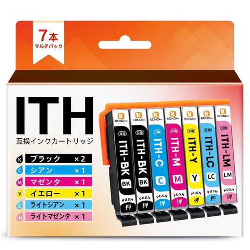 【パッケージ内容】エプソン用 ITH-6CL 互換インクカートリッジ ITH-BK (ブラック)2本 ITH-C (シアン)1本 ITH-M (マゼンタ)1本 ITH-Y (イエロー)1本 ITH-LC (ライトシアン)1本 ITH-LM (ライトマゼンタ)1本 合計7本セットプラス説明書1枚 【対応機種】EP-709A EP-710A EP-711A EP-810AB EP-810AW EP-811AB EP-811AW プリンター ご注意:ご注文する前に、対応機種をお確かめください。 【先端チープ】本品 ITH 互換 インク は高性能の新型ICチップを搭載されて、残量検知機能が付きます。また、ITH6CL 純正インクとの併用テストも行っており、問題なく印刷できます。 【印刷効果】鮮明な発色があらわれ、耐久性、耐光性、着色力に優れ、純正インクと比べても違いが分からないほどの印刷品質が実現できます。製造時期により製品の仕様やラベルデザインに若干の変更がある場合がございます。あらかじめご了承くださいませ。中身のインクは変わりませんのでどうぞご安心くだいさい。