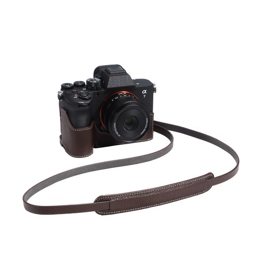 DBZZ A7V用本革ハーフケース, 三脚穴付き Sony ILCE-7M5用 コーヒーブラウンセット