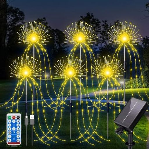 YZYOE6パック720LED屋外ソーラー温かみのある黄色花火ライト、庭の雰囲気装飾灯にリモコン付き、防水ソーラーとUSB給電の花火灯、8パターンのDIYパスライト。