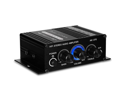 ミニオーディオパワーアンプ。2 つのメインチャンネル出力。4-16Ω 負荷インピーダンス 20W * 2 85db SNR 20Hz-10KHz RCAデュアルチャンネル入力、3.5mm AUX入力付き 左チャンネル出力と右チャンネル出力はスピーカー用のインターフェースです。 歪みが少ないため、クリアで力強く、よりパワフルなサウンドが得られます。 アルミ合金製のボディは厚く、軽量で実用的です。 大きなノブには青色の LED ライトが付いており、製品をより美しく見せます。