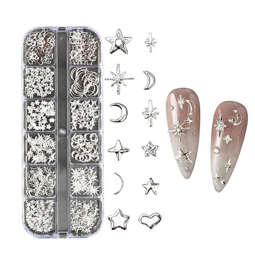 ISHRネイルパーツ星月3D立体ススキハート四芒星多種類メタルパーツジュエリーパーツハンドメイドデコパーツDIY手芸素材収納ボックス付き(12種類)