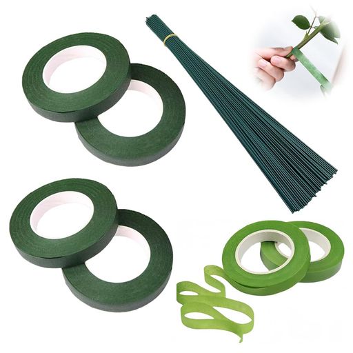 MILANQW造花用フローラルテープ6巻セット(薄緑2+濃緑4)&茎ワイヤー100本|リップケース収納可能手工芸DI..