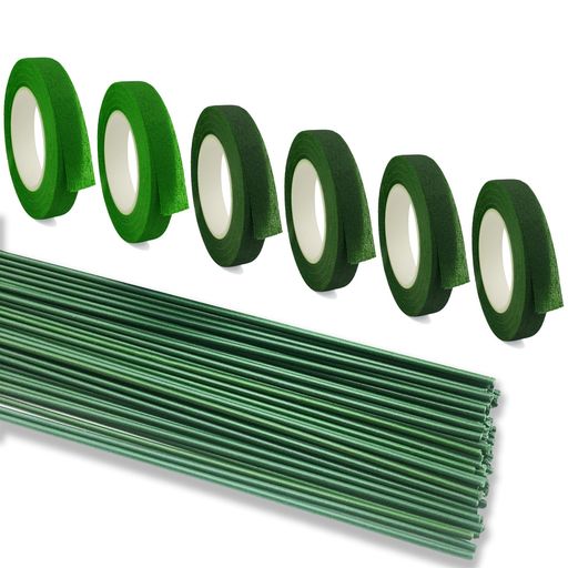 ShinyWayフローラテープ6巻入12mm幅ビニルコーティングワイヤー50本入造花セットライトグリーングリー..