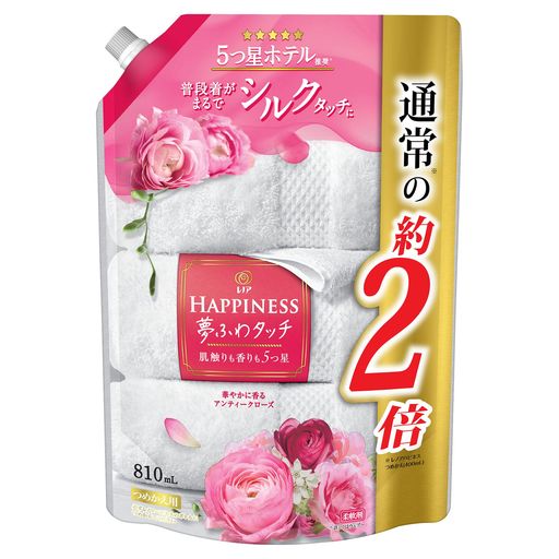 消臭 5つ星ホテル推奨!新レノアハピネス夢ふわタッチで香りも肌ざわりも5つ星。大改良したレノアハピネス夢ふわタッチでおうちにいながら5つ星ホテルの贅沢を体験してください。 特徴は「極上*の香り」と「5つ星ホテルタオルのような肌ざわり」(*レノアハピネス史上) 最高量*1の柔軟成分を配合しているから、5つ星ホテルタオルのような肌ざわりを83%が実感*2しています。(*1 過去10年レノアハピネスにおいて、*2 「華やかに香るアンティークローズの香り」使用。P&amp;G消費者調査[n=108]による) 1週間長続きする*贅沢な香り。レノアハピネス夢ふわタッチなら5つ星ホテルも認める贅沢な香りが1週間楽しめます。(*保管状態にて) 華やかに香るアンティークローズ。ローズとピオニーが主役の女性らしく甘い香りで、しあわせな気分にみたされます。