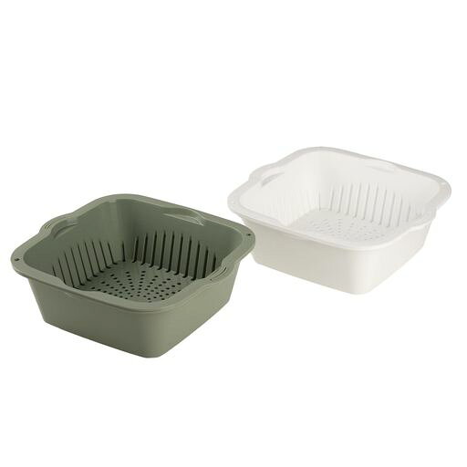 製品サイズ:(約)ザル/幅24.5x奥行22.5x高さ8cm、バット/幅24x奥行22.5x高さ8cm 製品重量:(約)0.5kg 素材・材質:ポリプロピレン(耐熱温度140度・耐冷温度-20度)、容量:2.3L 生産国:日本
