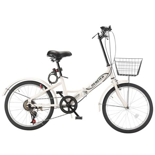 Rakuten - JIEBEIER自転車折り畳み自転車20インチ7段変速カゴワイヤー錠ライト付き防滑タイヤ高炭素鋼フレーム軽量小径車通勤通学街乗りJZXC-06(2.ホワイト)