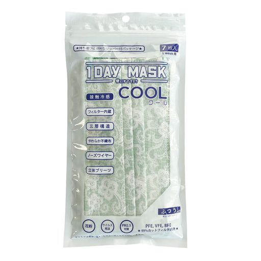 1DAYMASKCOOLふつうサイズLACE-MINT1袋7枚入2袋セット冷感不織布マスク柄マスク