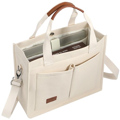 【収納力抜群】:このトートバッグの寸法は、長さ33cm、幅12.5cm、高さ26.6cmです。トートバッグには6つのポケットがあり、内側のポケットにはMacBook Air/MacBook Pro 13 M2/M1、13.5 Surface Laptop 5/4、Surface Pro X/9/8、iPad Pro 12.9などの13~14インチのノートパソコンを収納でき、メインポケットには本、書類、日用品を入れることができます。バッグの背面にはiPadが入る大きなポケットがあり、いつでも取り出して暇つぶしができます。 【取り外し可能なショルダーストラップ】キャンバストートバッグには取り外し可能で調節可能なショルダーストラップが付いており、丈夫で幅広なので、使用時に肩に負担がかかりません。トートバッグだけでなく、肩掛けバッグやショルダーバッグとしても使えます。 【磁気バックル設計 】ハンドバッグはマグネットバックルを採用しており、物を入れたり取り出したりするのに便利で、片手で簡単に操作できます。密閉性が高く安全性が高いため、プライバシーを保護し、盗難を防ぐのに役立ちます。