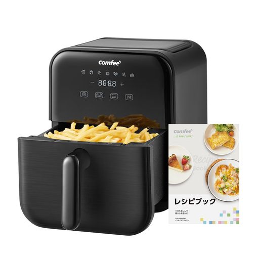 Comfee’ ノンフライヤー 4L 大容量 ノンオイル 電子レシピ付き 電気 エアフライヤー 揚げ物 ポテト 7つのメニュー設定 家庭用タイマー 温度調節 自動電源オフ 自動調理 LEDディスプレイ PSE…