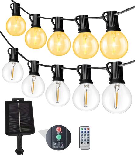 LEDストリングライト 7.5M ソーラー ストリングライト 電球色 IP65防水防雫レベル ソーラー ガーデンライト 自動点灯消灯 自動充電 省エネ 10個G40型PET材質LED電球 割れにくい E12口金 8っモー…