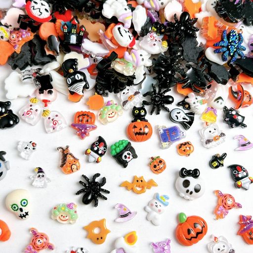 ネイルパーツハロウィン120個セット3D立体カボチャおばけ魔女の帽子コウモリ蜘蛛蜘蛛の巣猫ネイルストーン樹脂ジェルネイルレジン用ジュエリーパーツネイルアートハンドメイドデコパ…