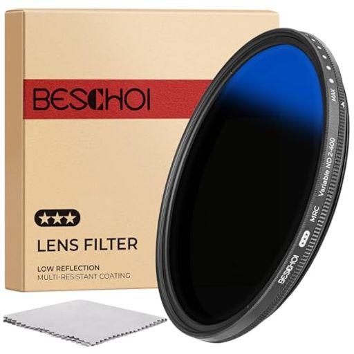 【可変NDフィルター】BeschoiND2-ND400可変フィルターは、カメラセンサーに届く光を減らし、シャッタースピードを遅くし、絞りを大きくして撮影することを実現します。川、滝、光跡やダイナミックモーションブラー付きの動くオプジェクト撮...