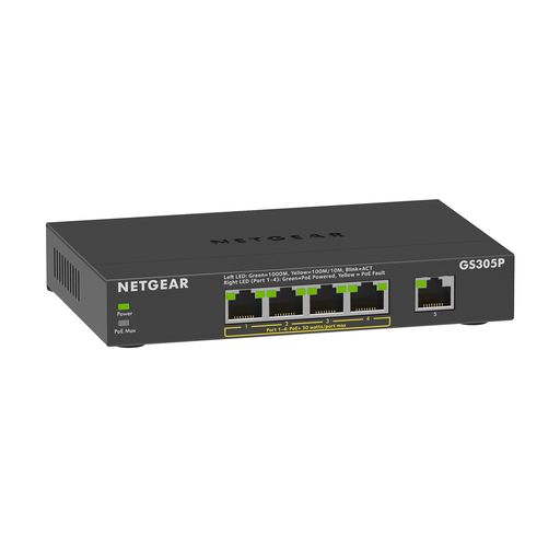 1000BASE-Tポートを5つ持つプラグアンドプレイのL2アンマネージスイッチ 4ポートはPoE+ (802.3at)に対応しており、各ポートから最大30Wの電力を受電機器に供給。スイッチ全体で供給可能な総電力量(パワーバジェット)は63W PoE受電が必要な無線LANアクセスポイントやIP監視カメラ、IP電話機の収容に最適 冷却用のファンなしで自身を冷却できる金属筐体を採用した静音設計 安心の年中無休日本語サポートと3年保証