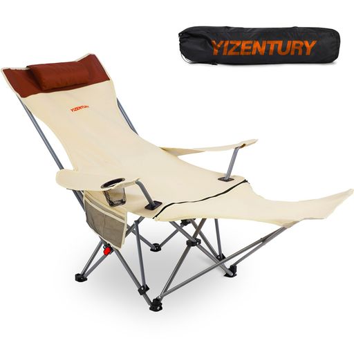 YIZENTURYリクライニングキャンプチェアフットレスト付き折りたたみラウンジチェア耐荷重204kg、背もたれ150°調節可能枕付きキャンプチェア