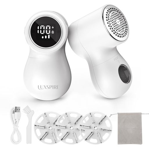 Luxspireけだまとり電動充電式毛玉取り強力6枚刃替え刃2枚付き液晶ディスプレイ毛玉取り器3段階スピー..