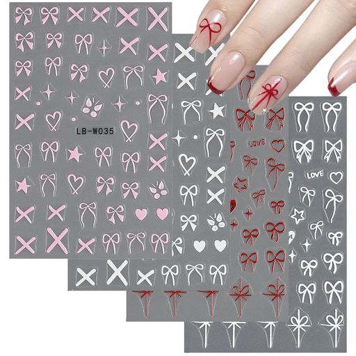ネイルシールリボン8枚セット3D立体星ハートリボンネイルパーツシール貼るだけネイルステッカーおしゃれジェルネイルネイルアートシールデコパーツバレンタインデー赤白...