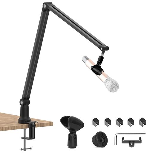 マイクアームマイクスタンドアーム調整可能マイクスタンドアーム卓上黒マイククリップホルダー付きマイクネジアダプター付きマイクブームアーム360度回転ケーブル収納可能ポッドキャ…