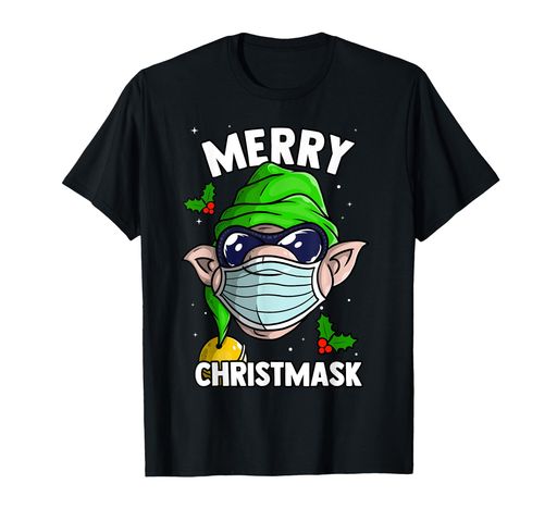 マスクを着ているエルフ面白いメリークリスマスマスク男性女性Tシャツ