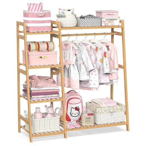 Rakuten - ハンガーラックキッズ子供用多段式衣類収納低め竹製かわいい収納力ナチュラル(ミディアム)