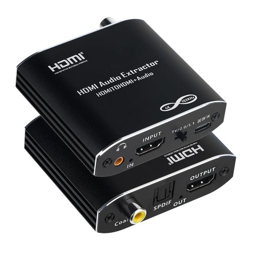【HDMI 音声分離器】本製品はHDMI信号から音声を抽出し、同軸/SPDIF/3.5mmケーブル経由でAVレシーバー、ピーカー、アンプ、ヘッドフォンに伝送。音声と映像の同期を実現します。HDMI 出力を接続しなくても音声を出力できます。(※注記:入力端子はARC/eARC非対応!) 【4K 高解像度ビデオ】HDMI 音声分離コンバーターは最大 4Kx2K@30hz 解像度をサポートし、1080p/720p/576p/576i/480p/480i と互換性があります。3D、HDCP 1.4、24 ビット/ディープ カラー 36 ビット ビデオ形式をサポートします。(より良い体験のために、HDMI 1.4 認定ケーブルをお勧めします) 【EDID音声モード設定】2.0CH、5.1CH、およびパススルー音声モードをサポート。3.5mm音声端子(AUX)は2.0ch対応、Toslink SPDIFおよび同軸出力は2.0chと5.1ch音声に対応。5.1chモードに設定する場合、HDMI入力ソースに5.1ch音声情報が含まれていることを確認してください。含まれていない場合は2.0ch PCM音声が出力されます。