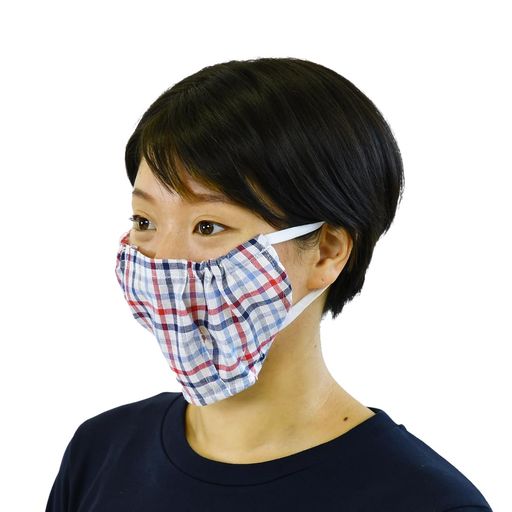 [あぐるみ]農家さんガーゼマスク格子チェック赤紺ベージュ肌に優しい綿100%レディース呼吸しやすいフリ..