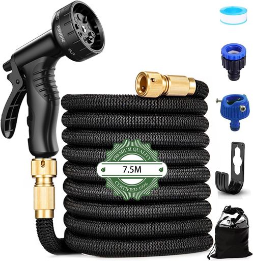 庭の水やり、洗車、ペットのお風呂など、家事全般 🍀【改良された金属部品&amp;優れた耐久性】当社の庭ホースは、両端に従来のプラスチック製コネクタではなく、頑丈な金属製コネクタにグレードアップ!強力な水圧にも全く負けず、長時間の使用や激しい水の流れにも耐え抜きます。また、錆びや腐食に対する耐性も抜群で、屋外の過酷な環境でも長期間にわたって美しい状態を保ちます。また、金属部品を使用しているにも関わらず非常に軽い散水ホースです。お年寄りや子供でも使いやすい。 耐久性と軽量性を兼ね備えたホースです。 ✅【3重ラテックス構造の魅力】伸縮散水ホース内管は業界で厚手の天然ゴムラテックス3層構造。人工ゴムに比べ耐磨耗性に優れ、安全性を確保しつつ耐久性アップ。使用環境温度 -10°C~60°Cで、温度による摩耗心配なし。自己排水機能があり、ねじれや絡まりにくい。水出すと伸び、止めると元に戻り、収納も便利です。 💖【3倍に伸びる伸縮ホース】伸びるホースは自然収縮タイプで、水圧に応じ元の3倍まで伸びる。蛇口を開けて15秒で伸縮自在、伸びても絡まず、水なくなると元に戻る。広い場所や遠くでの散水に便利で、水撒きや掃除負担軽減。