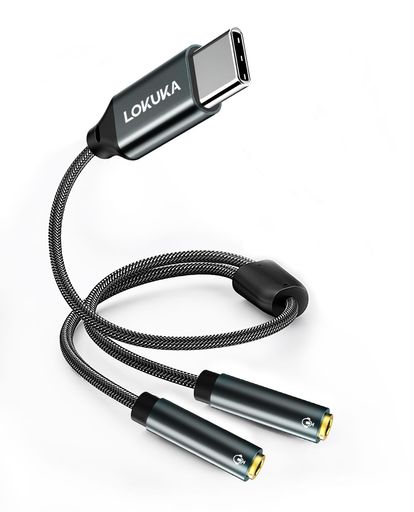 USB-C 二股 イヤホン変換 3.5mm オーディオ分配ケーブル イヤホン変換アダプター TRRSマイク分配コネクター【グレー・30CM】