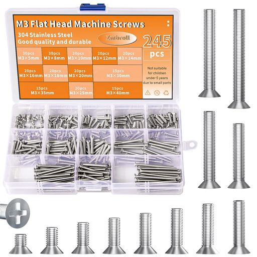 Rakuten - ZmbrollM3Phillips平頭機ネジ、304ステンレス沈頭ファスナーボルトセットM3x5mm/8mm/10mm/12mm/14mm/16mm/20mm/25mm/30mm/35mm/40mm