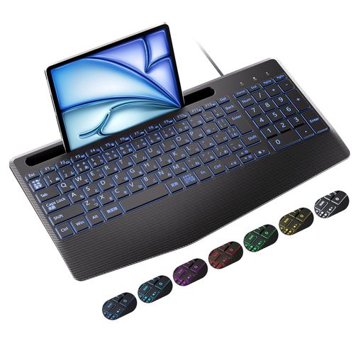 iClever有線キーボード大きめの文字7色バックライト日本語配列テンキー付きパンタグラフ明るさ調整USB接続薄型静音有線キーボードハンドレスト付き1.4Mケー...