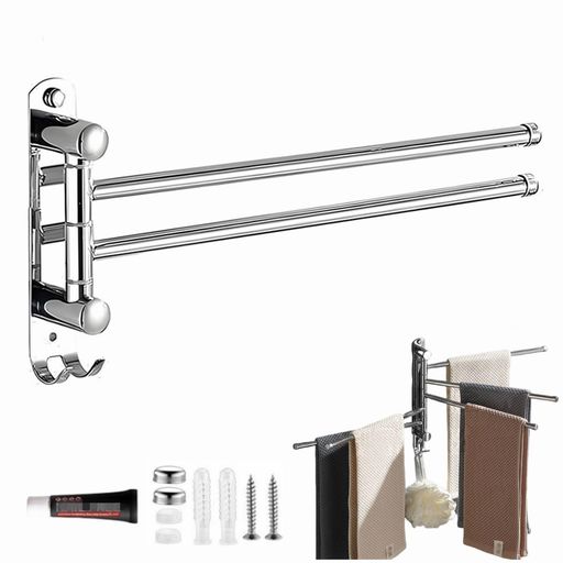 タオル掛けスイングアームステンレス製回転式タオル掛けタオル干し180°回転2Way粘着とネジ止めタオルバ..