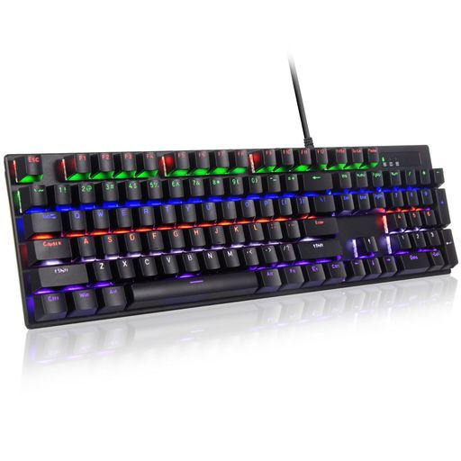 HUO JI ゲーミングキーボード 有線 赤軸 フルサイズ テンキー付き メカニカルキーボード US配列 静音 レインボーLEDバックライト 高速応答 高耐久性 ゲーム・オフィス用 Windows/Mac/PS5対応 (ブ…