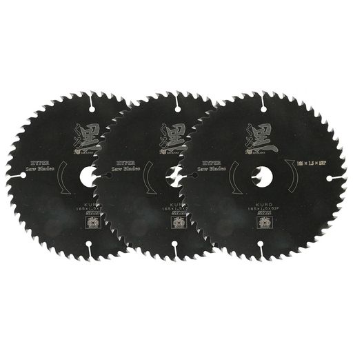 外径:165mm、刃厚:1.5mm、内径:20mm、刃数:52 仕様:フッ素樹脂コーティング・欧州RoHS規格適合品 適合機種:充電丸鋸 入数:3枚組 台金:工具鋼、刃先:超硬チップ