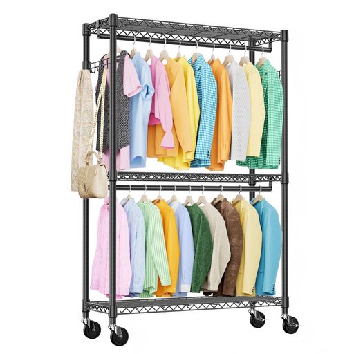 IZEUKハンガーラック2段キャスター付き頑丈大容量収納付き押入れハンガーパイプ工具付属突っ張りポールハンガーラックおしゃれ高耐荷重耐久性頑丈衣類ラックワイヤー子供用金属製自立…