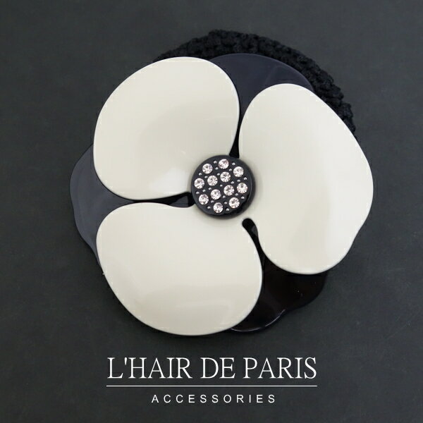 スワロ（シュシュ） ■L'HAIR DE PARIS■■リュクス■バイカラーBIGカメリアフラワーヘアゴム■ヘアアクセサリー■カメリアお花小花■ヘアポニーシュシュ■髪留め髪飾り■スワロフスキークリスタル■大きい 大きめ 黒 白 キラキラ ブラック ホワイト クリア 太い まとめ髪 ポニーテール