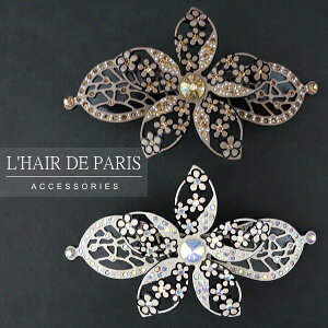 ■LHAIR DE PARIS■■レースフラワー＆リーフバレッタ■スワロフスキークリスタル■フランスヘアアクセサリー■お花薔薇カメリア■髪留め髪飾りヘアアレンジ■ラインストーン■ヘアクリップ■着物浴衣 上品 おしゃれ かわいい 綺麗 きれいめ 即納 かんざし ヘアピン