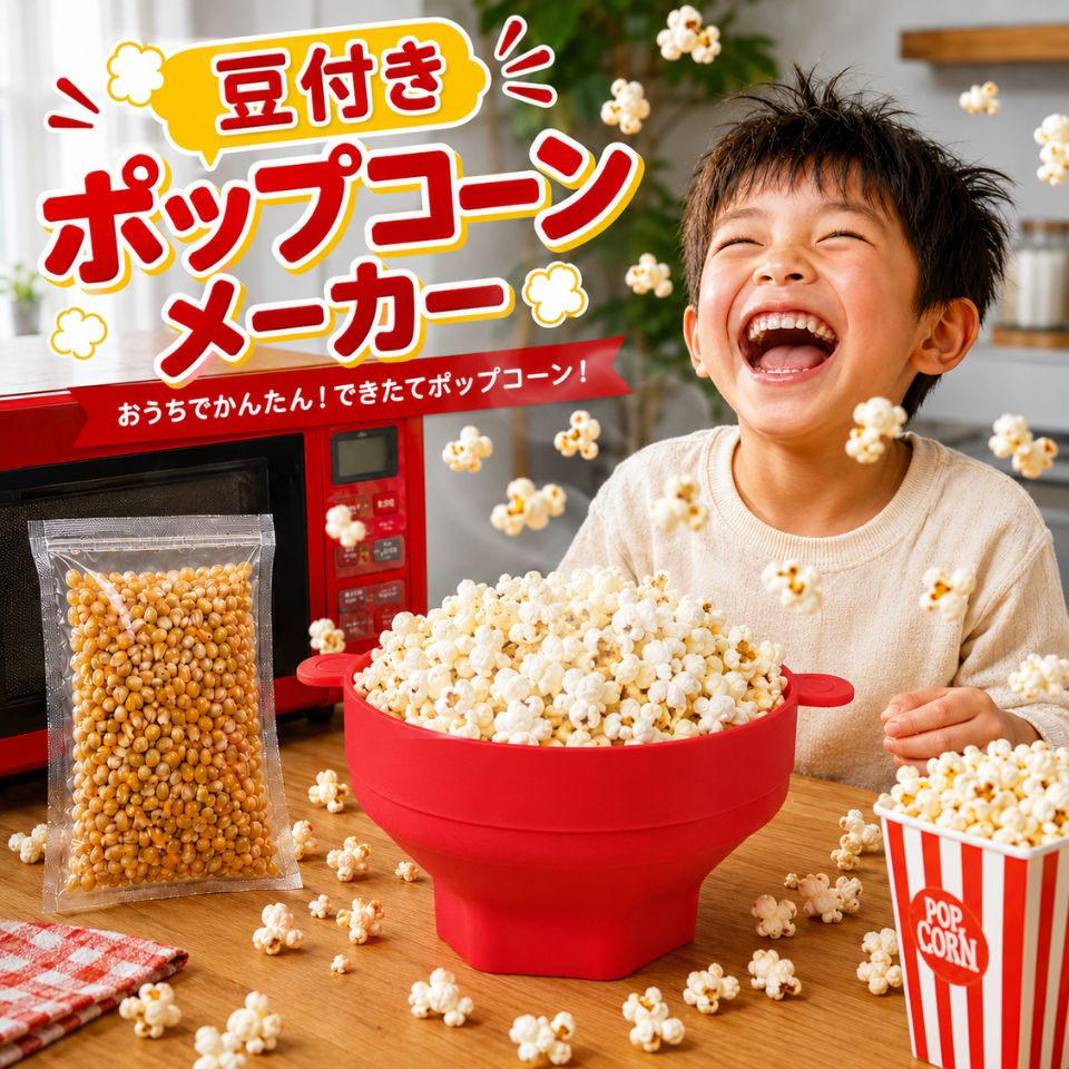 【豆とポップコーンメーカーの2点セット】ポップコーンメーカー 豆 電子レンジ レンジで3分 ポップコーン 手作り 豆付き 無添加 映画館の味 シリコン 家庭用 簡単 子供 ギフト プレゼント パーティー Medichef