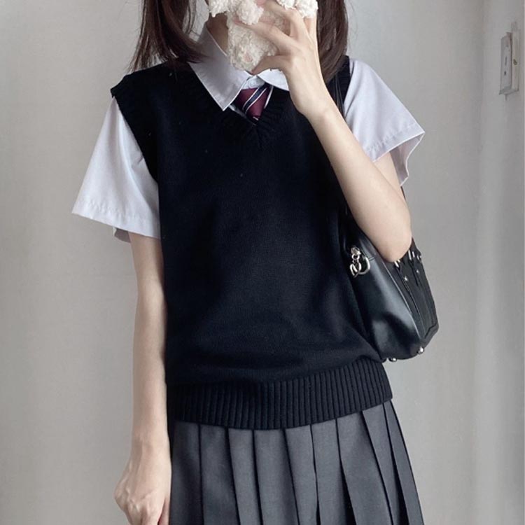 スクールベスト ニットベスト 女子 制服 スクール ベスト 高校生 中学生 通学 無地 Vネック 春夏 秋冬 通年 女子高生 学生服 カジュアル コスプレ 紺 かわいい ブラック 黒 ネイビー — vista 3
