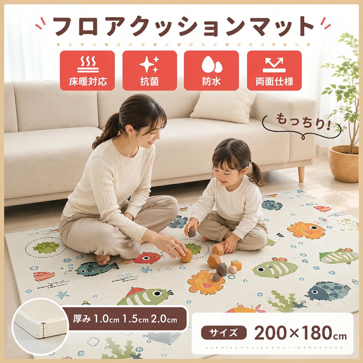 About This Product赤ちゃんの遊び场やリビングに最適な、折りたたみ式XPEプレイマットです。両面プリントのリバーシブルデザインで、インテリアに合わせて使い分けられます。主な特長をまとめました。 サイズ200×180cm 厚さ1cm / 1.5cm / 2cm から選択 素材XPE（ポリエチレン発泡） 重量1cm:1.1kg / 1.5cm:1.5kg / 2cm:1.7kg 特徴防水・防汚・軽量・耐熱性・型崩れしにくい 対応床暖房対応 Product Featuresほぼ気になる匂いなしポリエチレン発泡原料のため、可塑剤をほとんど使用せず、開封時もプラスチック臭が少ないため、赤ちゃんや妊婦さんにも安心してご利用いただけます。軽量で持ち運び・収納がラクラク同じサイズのパフックと比較して約5分の1の軽さ。折りたたんで卷いてもコンパクトになり、引越しや持ち運び、収納にも便利です。耐熱性に優れ変形しにくい床暖房や直射日光の下でも縮みや反り、软化が発生しにくく、高温でも可塑剤が析出することがありません。型崩れしにくくへこみが残りくい独立気泡構造により、重い物を置いてもすぐに元の形状に戻ります。表面は防水フィルムで一体化されており、汚れもひと拭きで簡単にお手入れできます。Care Instructionsアルコールなどの化学クリーナーは変色・色落ちの原因となるためご使用にならず、重曹水でのお掃除をおすすめします。ぬるま湯100mlに小さじ1杯の重曹を溶かし、気になる部分に塗布してから拭き取ってください。お掃除後は十分に乾燥させ、カビ防止のため定期的に風通しの良い場所で乾かしてください。Usage Sceneベビーリビングのプレイエリア、子供の知育グッズ、赤ちゃんの寝転がるマット、クッション材としてのご利用のほか、お出かけ時の简易マット、里帰り育児、引越し時の一時的利用など、多様なシーンでご活用いただけます。DAILYROUTE DAILYROUTE s.sato@idiomcord.netお問い合わせはショップ内の「お問い合わせ」よりご連絡ください。平日10:00〜18:00に順次返信いたします。 商品到着後7日以内、未使用・未開封の場合に限り返品・交換を承ります。初期不良の場合は送料当店負担で対応いたします。 当店ではレビュー投稿で次回使えるクーポンを配布中です。詳細はショップトップをご確認ください。 DAILYROUTE [{"label":"ショップトップ","url":"https://www.rakuten.co.jp/dailyroute/"}]XPEプレイマットシリーズ 軽量で持ち運びラクラク。両面リバーシブルデザイン。 赤ちゃんの遊び场やリビングに最適な、折りたたみ式XPEプレイマットです。両面プリントのリバーシブルデザインで、気分やシーンに合わせて使い分けられます。轻量で持ち運び・収納もラクラク、床暖房対応で耐熱性にも优れています。 項目 内容 サイズ200×180cm 厚さ1cm / 1.5cm / 2cm 素材XPE（ポリエチレン発泡） 重量1cm:1.1kg / 1.5cm:1.5kg / 2cm:1.7kg 耐熱性床暖房対応 お手入れ重曹水で拭き取り、风通しの良い場所で干燥 注意事项アルコール等の化学クリーナーは変色の原因となります POINT 01 轻くて持ち運び・収納がラクラク 同じサイズのパフックと比较して约5分の1の軽さ。折りたたんで卷いてもコンパクトになり、引越しや持ち運び、收纳にも便利です。短期利用や里帰り育児にもぴったりです。 POINT 02 気になる匂いがほとんどない ポリエチレン発泡原料のため、多量の可塑剂を必要とせず、开封时にもプラスチック臭がほとんどありません。匂いに敏感な赤ちゃんや妊产妇にもやさしい素材です。 SIZE / TYPE 【サイズ】200×180cm【厚さ】1cm / 1.5cm / 2cm【重量】1cm:1.1kg / 1.5cm:1.5kg / 2cm:1.7kg【素材】XPE【対応】床暖房対応 【関連キーワード】プレイマット ベビーマット XPE ベビー 折りたたみ 防水 赤ちゃん ベビーリビング 200×180cm 両面プリント リバーシブル キッズマット 知育 極厚 厚手 防音 抗菌 低反発 床暖房対応 クッションマット 重曹 お手入れ 耐熱性 型崩れ しにくい 轻量 持ち運び 収納 引越し 里帰り 育児グッズ ベビーグッズ お出かけ マット クッション プレゼント 贈り物 北欧 デザイン インテリア