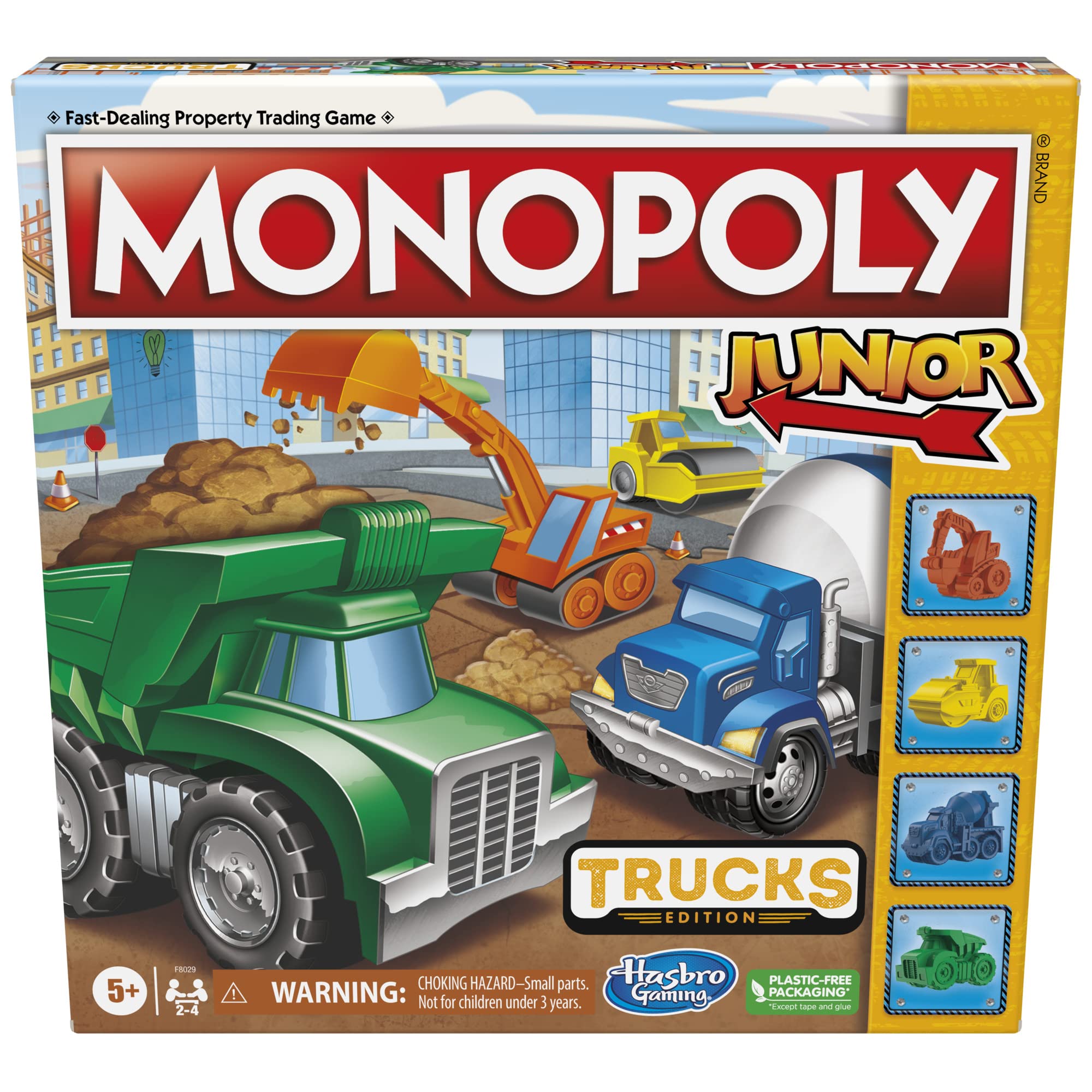 Monopoly ジュニア トラックエディション ボードゲーム モノポリーゲーム 5歳以上 キッズボードゲーム 2~4人用 キッズゲーム キッズギフト Amazon限定 素早く簡単に遊べるモノポリーゲーム この商品について素早く簡単に遊べるモノポリーゲーム: 街中で楽しいプロジェクトに備えましょう。 このMonopoly Junior: Trucks Editionゲームで、子供たちはフォアパーソンになり、勝つための最高のトラッククルーを集めることを想像できます。トラックトークン4枚:モノポリージュニアゲームトークン4枚入り。 子供たちはお気に入りの建設トラックを選ぶことができます: ショベルカー、スチームローラー、セメントトラック、ダンプトラック。トラックをテーマにしたゲームボード: このモノポリージュニアキッズゲームでは、ごみ収集車、レッカー車、ブルドーザー、消防車などの16個の鮮やかなイラスト付き車両に置き換えられます。クルーを組み立て、家を集めましょう: プレイヤーはボードの上を移動し、車両を購入してクルーを集めます。 たくさん所有するほど、家賃を集めることができます。 一番お金を払ったプレイヤーが勝ちます。シンプルなモノポリーゲームプレイ: この子供用ゲームは、5歳以上向けのモノポリーボードゲームの楽しい入門用です。 若いプレーヤーにとって、速く楽しくエキサイティングなデザイン。トラックファンへのギフトに最適: このトラックをテーマにした幼稚園ゲームをプレイデート、ファミリーゲームナイト、雨の日に。 キッズゲームは、男の子、女の子、5歳以上の子供への素晴らしいギフトにもなります。商品の説明最高のトラッククルーを集めて勝ちましょう。 このモノポリージュニア:トラックエディションボードゲームでは、子供たちはモノポリータウンの改善プロジェクトの大きなリストを持つ先見者であることを想像できます。 まず、プレイヤーはお気に入りの建設トラックトークンを選択します。 その後、ゲームボードの周りを移動し、クルーをまとめます。 プロパティは、トラックファンが知っていて愛している建設車両に置き換えられます。 プレイヤーが所有する車両が多いほど、他のプレイヤーから集めることができる家賃が増えます。 1人のプレイヤーが破産すると、ゲームは終わり、最もお金を持つプレイヤーが勝ちます! この楽しい子供用ボードゲームは2~4人でトラックを愛する子供たちへの素晴らしい贈り物です。男の子、女の子、5歳以上の子供のための素晴らしいファミリーゲームです。 Hasbro、Hasbro Gaming、Parker Brothers、Monopolyの名前とロゴ、ゲームボードの特徴的なデザイン、四隅の正方形、Mr. モノポリーの名前とキャラクター、ボードとプレイピースの特徴的な要素のそれぞれは、Hasbroのプロパティトレーディングゲームとゲーム用品の商標です。 5