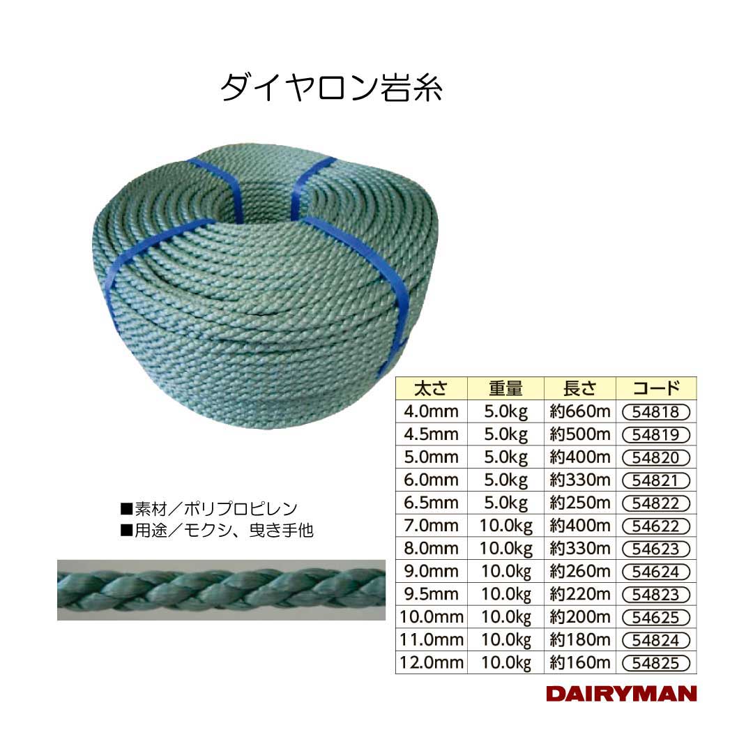 ポリプロピレン（PP)のロープです。 吸水性が無く、耐候性に優れています。 重量5kg 4mm/長さ約660m 4.5mm/長さ約500m 5mm/長さ約400m 6mm/長さ約330m 6.5mm/長さ約250m 重量10kg 7mm/長...