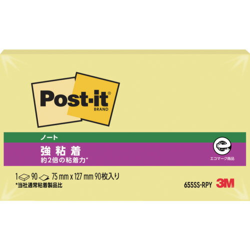 スリーエム 3M ふせん ポスト・イット ノート 強粘着 75×127mm 90枚 イエロー 655SS-RPY [263-412129]