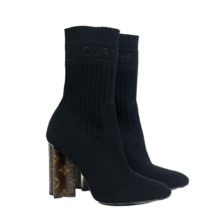 【美品】LOUIS VUITTON シルエット ライン アンクルブーツ モノグラム・フラワーヒール レディースブーツ ストレッチブーツ 1A855A ストレッチテキスタイル ブラック 6005140m 【中古】