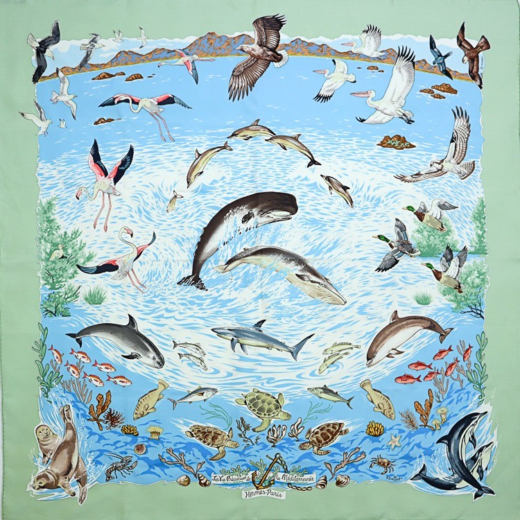 Silk - 【美品】 エルメス カレ90 大判スカーフ Lavie Precieuse de la Mediterranee 地中海の貴重な生物 ライトグリーン ブルー シルク100％ ブランド小物 HERMES 6075928m【中古】