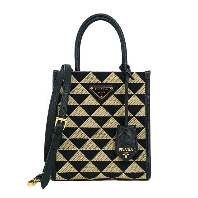 Rakuten - 【美品】PRADA シンボル エンブロイダリー ジャガードファブリック ミニバッグ レディースバッグ ショルダーバッグ 2Way 1BA355 ジャガードキャンバス サフィアーノレザー ブラック ベージュ 6083117j 【中古】