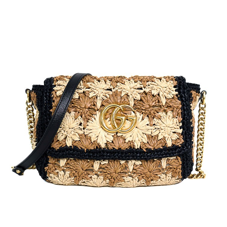 Rakuten - 【美品】GUCCI チェーンショルダーバッグ GGマーモント ラフィア ショルダーバッグ 574433 ラフィア ベージュ×ブラック ブランドバッグ グッチ 6082973m【中古】