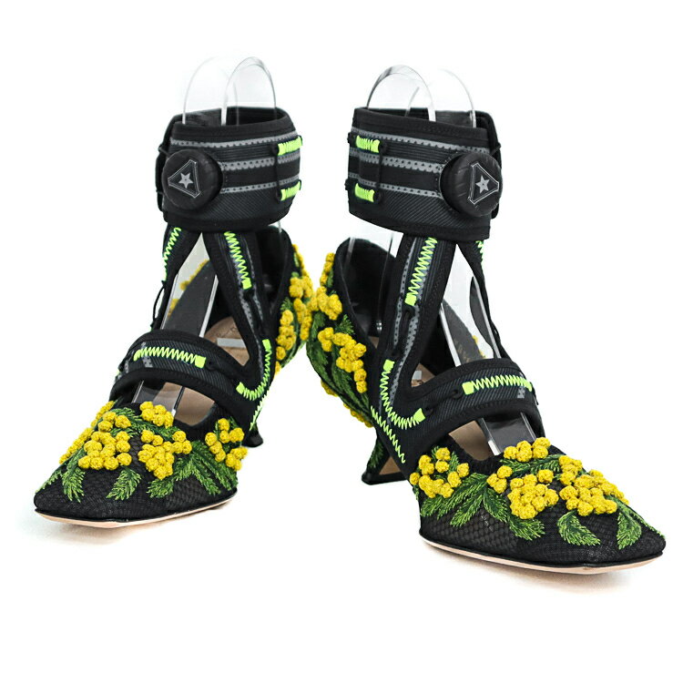 【中古】クリスチャン・ディオール Christian Dior × Roger Vivier コラボ ミモザ 刺繍 パンプス 37 約24cm ブラック イエロー 靴 シューズ レディース 6127263m-D2