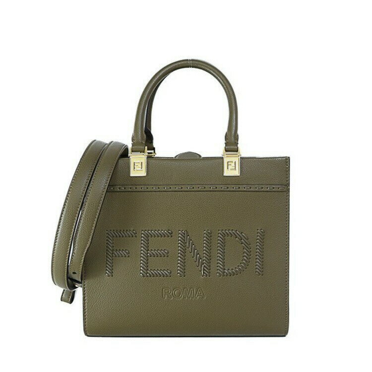 Rakuten - 【新品同様】FENDI サンシャイン スモール トートバッグ ロゴステッチ 2way ショルダーバッグ 8BH394 ASUE カーフレザー カーキ ゴールド金具 レディースバッグ 5s31120J【中古】