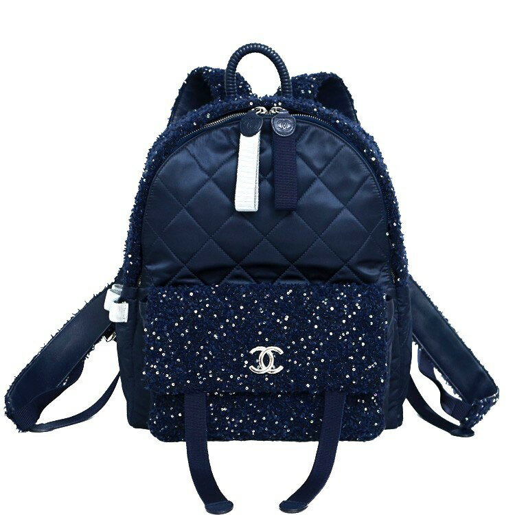 【美品】シャネル【CHANEL】マトラッセ ナイロン バックパック リュックサック デイパック ネイビー ブルー ホワイトライン ポーチ付き A92809 #20 NYLON BACKPACK NAVY BLUE【SAランク】【中古】 CHANEL - 【美品】シャネル【CHANEL】マトラッセ ナイロン バック