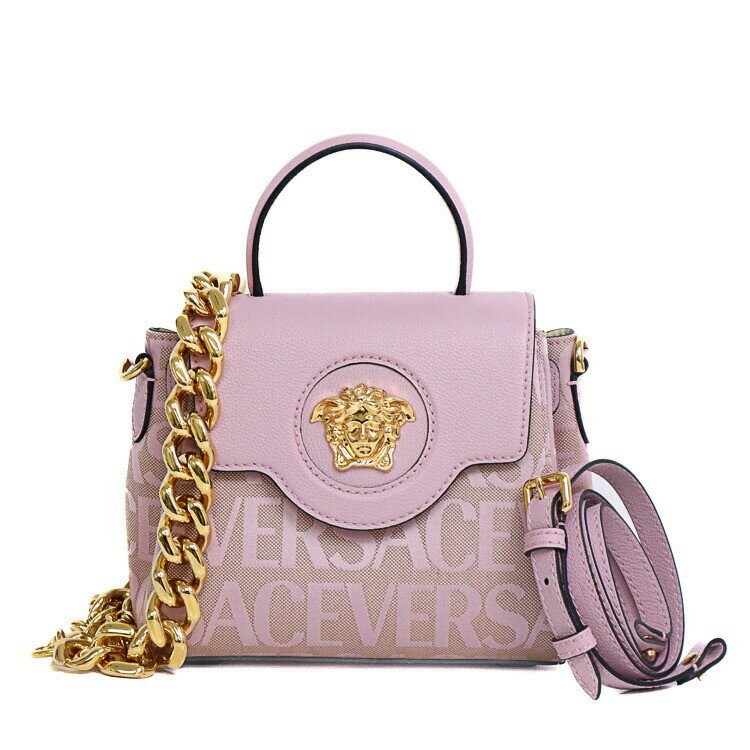 Rakuten - 【美品】VERSACE ラ メドゥーサ スモール ハンドバッグ ショルダーバッグ オールオーバー ジャガード レザー ピンク ベージュ ゴールド金具 レディースバッグ ブランドバッグ 5210770M【中古】