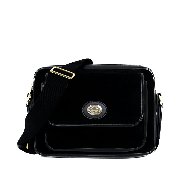 Rakuten - GUCCI グッチ インターロッキングG ロゴプレート ショルダーバッグ 574760 スエード レザー ブラック ゴールド×シルバー金具 GGロゴ メンズ・レディースバッグ ブランドバッグ 5s04970ME4【中古】